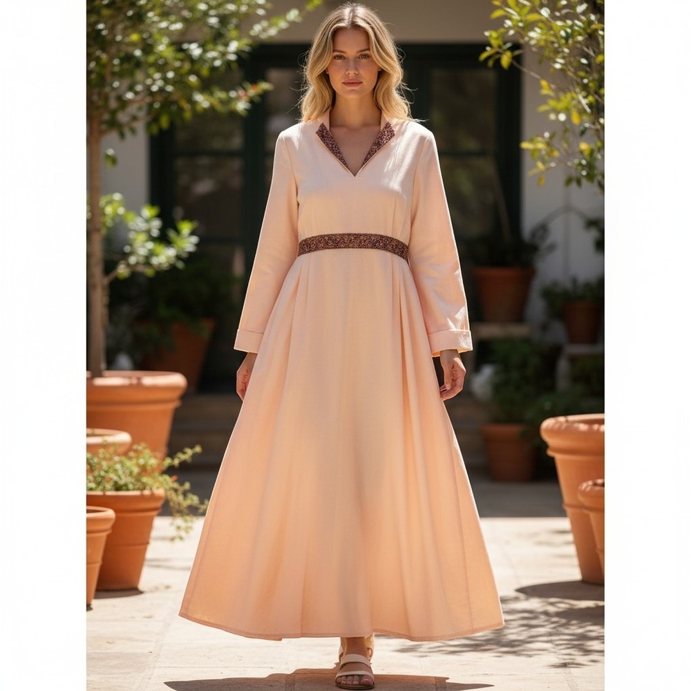 Vintage Karon Woodland‎ Peach Beaded Empire Waist Maxi Dress Peach Bell Sleeve